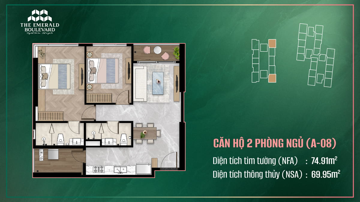 Thiết Kế Căn Hộ 2 Pn A-08 The Emerald Boulevard