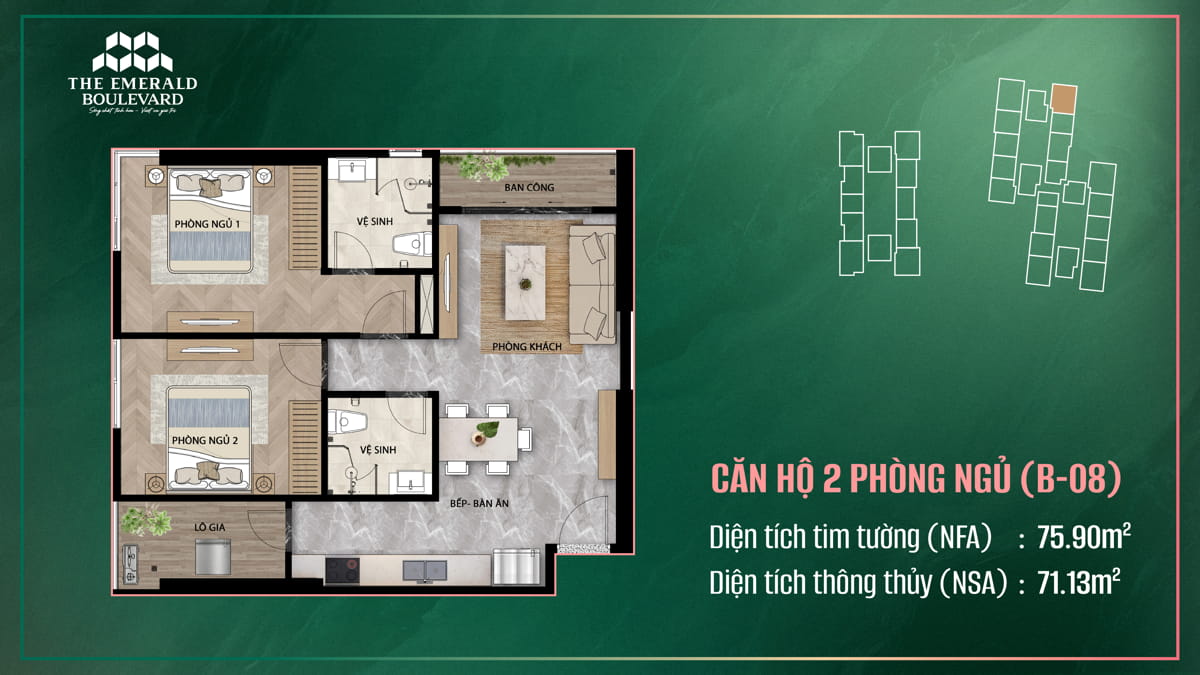 Thiết Kế Căn Hộ 2 Pn B-08 The Emerald Boulevard