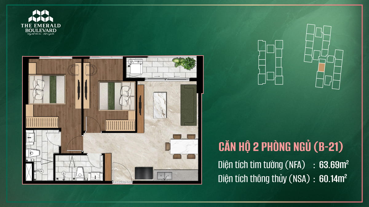 Thiết Kế Căn Hộ 2 Pn B-21 The Emerald Boulevard